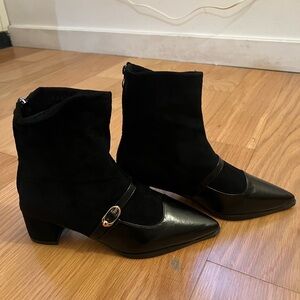 Suede & Leather Black Ankle Booties with Gold Buckle